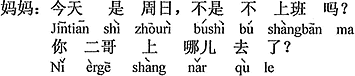 中国語：今日は日曜日で、出勤しないのではないの？お兄さん（あなたの二番目のお兄さん）はどこへ行ったの？