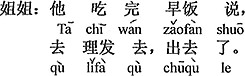 中国語：お兄さんはご飯を食べ終わると、散髪へ行くと言って、出て行った。