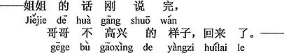 中国語：お姉さんの話が終わるやいなや、お兄さんが不機嫌な様子で帰って来た。