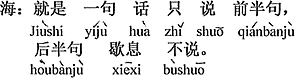 中国語：それは一つの言葉をだた前半分を言い、後半分は休んで言わない。