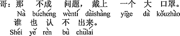 中国語：それなら問題にならないよ、大きなマスクをすれば誰も見分けがつかない。