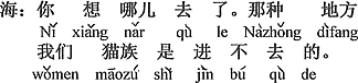 中国語：何考えているんだ。そのような場所は、俺たち猫は入って行かれない。