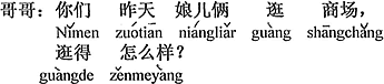 中国語：昨日、母娘二人でショッピングセンターをぶらぶらして、どうだったの？