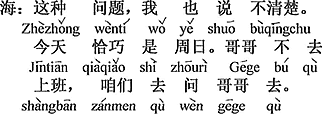 中国語：この種の問題は、ボクもはっきり言えない。今日はちょうど日曜日。お兄さんは出勤しに行かない。ぼくたちお兄さんに聞きに行こう。