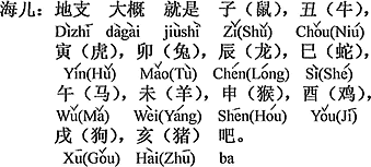 中国語：地支とは多分、子（ねずみ）、丑（牛）、寅（トラ）、卯（ウサギ）辰（龍）、巳（へび）、午（馬）、未（羊）、申（サル）、酉（鶏）、戌（犬）、亥（豚）でしょう。