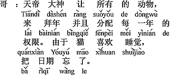 中国語：天帝があらゆる動物に、年始の挨拶に来るように、そして毎年、一年間の権限を与えるとした。ところが猫は寝るのが好きで、日にちを忘れてしまった。