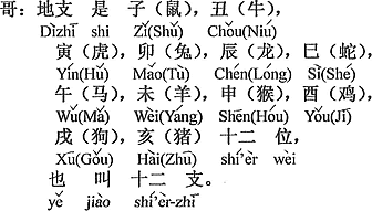 中国語：地支は子（ねずみ）、丑（牛）、寅（トラ）、卯（ウサギ）辰（龍）巳（へび）、午（馬）、未（羊）、申（サル）、酉（鶏）、戌（犬）、亥（豚）の十二個で「十二支」とも言う。