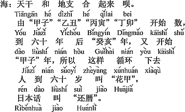 中国語：「天干（十干）」と「地支（十二支）」を合わせているのさ。「甲子」「乙丑」「丙寅」「丁卯」から数え始めて、六十年後に「癸亥」なって、また「甲子」が始まる。だからこのように循環して行って、人は六十歳になると