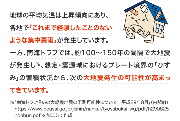 地球の平均気温は上昇傾向にあり、各地で「これまで経験したことのないような集中豪雨」が発生しています。一方、南海トラフでは、約100〜150年の間隔で大地震が発生し、想定・震源域におけるプレート境界の「ひずみ」の蓄積状況から、次の大地震発生の可能性が高まってきています。