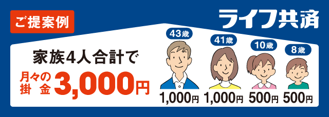 ご提案例 家族4人合計で　月々の掛金3,000円